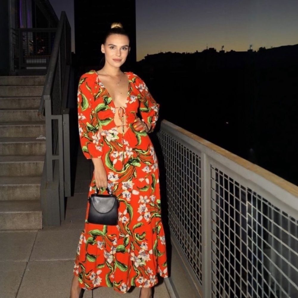 Zara Red Floral Maxi Dress with Green Leaves